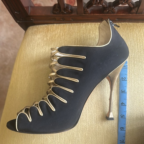 Brian Atwood Naiya Black and Gold Silk Crepe Peep-Toe High-Heel Bootie Size EU42 - Picture 6 of 16